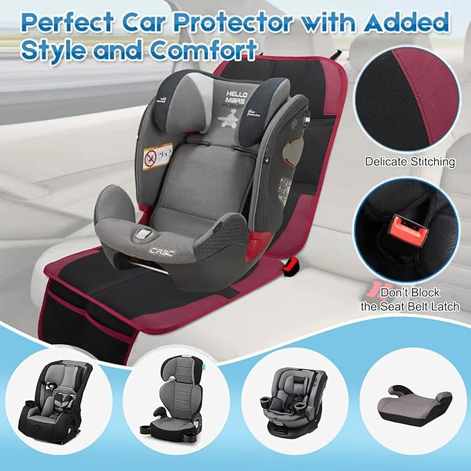 Car Seat Protector for Child, 2 Pack With Mesh Pockets & Non-Slip Backing 600D Durable Under Baby Seat Cover for Back Seat (Burgundy, Standard)