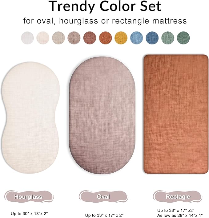 Bassinet Sheet for Baby Boy and Girl 2 Pack, Fitted Sheets for Rectangle, Oval, Hourglass Bassinet Mattress, Muslin Moses Basket Sheets with Neutral Style (Beige & Mustard Yellow)