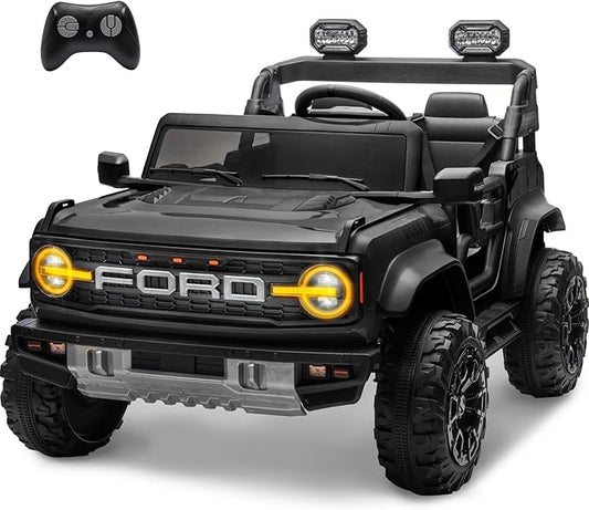 ENYOPRO 24V Licensed Ford Bronco Raptor Electric Car for Kids, 2 Seater Battery Operated Ride On Truck Toys with Remote Control, 4-Wheel Suspension, Bluetooth, Radio, LED Lights, 3 Speed - Black