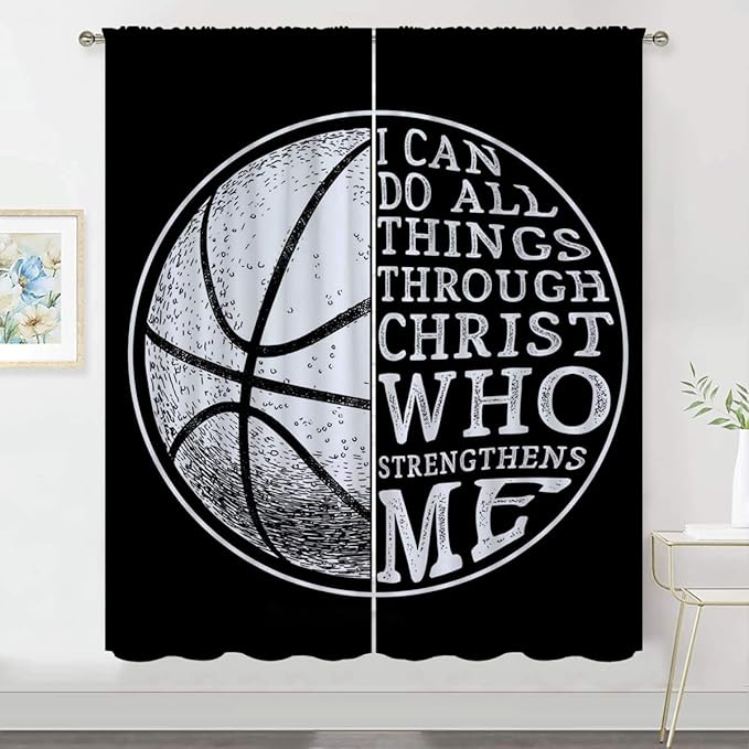 Basketball Blackout Curtains for Boy Girl Room Darkening Decor,Sport Theme and White Motto Dark Background Bedroom Living Room Home Rod Pocket Thermal Insulated Window Curtain/Drapes Panel,42x63 Inch…