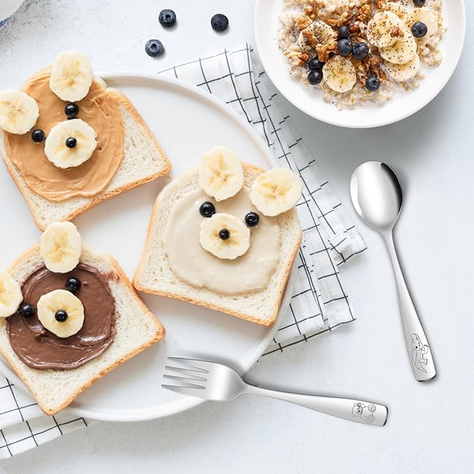 14-Piece Toddler Flatware, Kids Utensils Stainless Steel Cutlery Set, Children Safe Spoons and Forks with Ergonomic Handle, Easy to use and Dishwasher Safe (Crocodile and Bear)