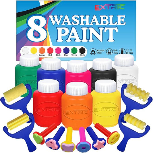 Kids Painting Set, Washable Paint for Kids 8 Colors with 10 Paint Sponges, Non Toxic Tempera Paints 2 oz Each, Paints for Toddlers Art, Craft, School and Home Finger Painting Projects