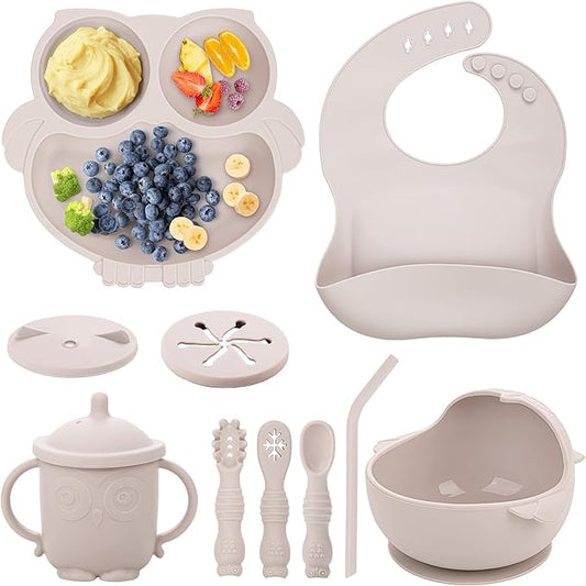 Baby Weaning Set - Silicone Toddler Feeding Set (10 Pcs) with Adjustable Bib, Suction Bowl, Plate, Fork, Spoon, Water & Snack Cup Kit - Baby Led Weaning Kit