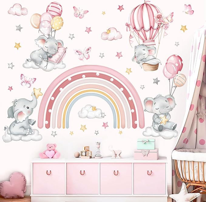 decalmile Pink Rainbow Elephant Wall Stickers Hot Air Balloon Animals Clouds Stars Wall Decals Baby Nursery Kids Bedroom Daycare Wall Decor