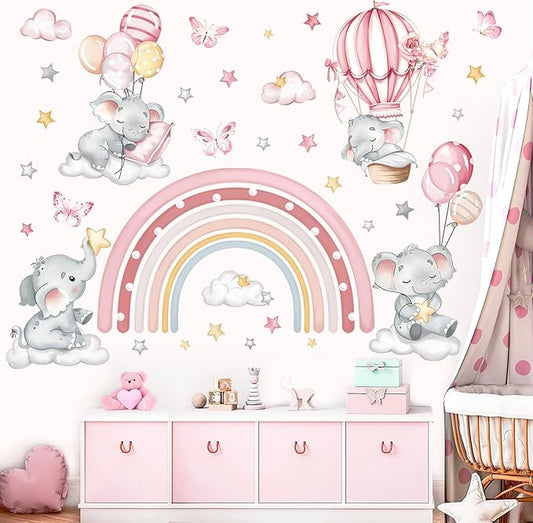 decalmile Pink Rainbow Elephant Wall Stickers Hot Air Balloon Animals Clouds Stars Wall Decals Baby Nursery Kids Bedroom Daycare Wall Decor