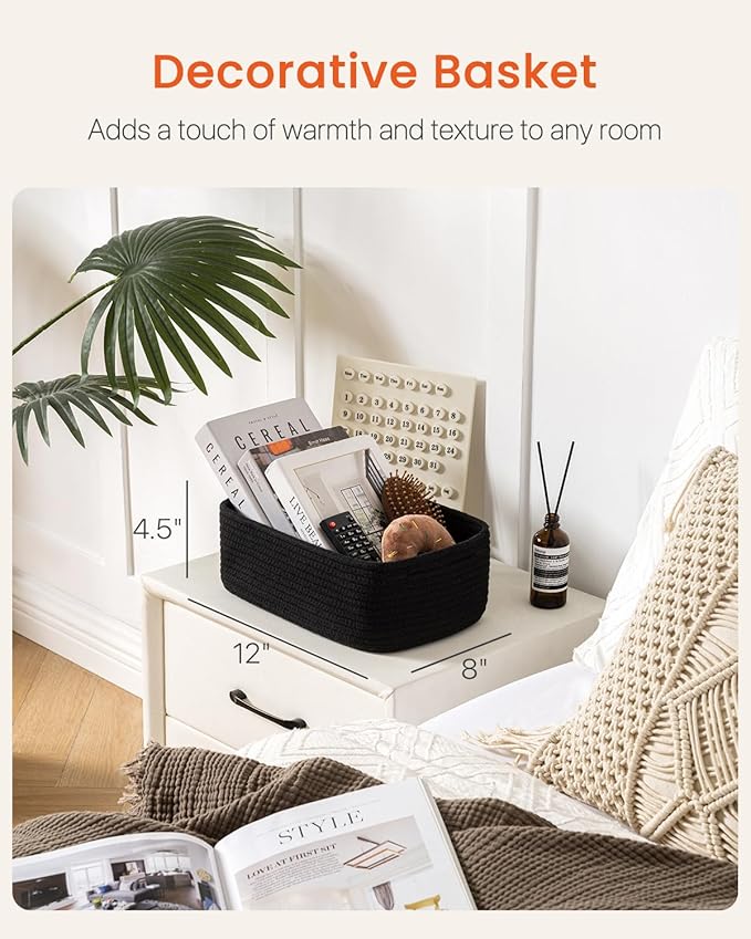 KALLAX Small Woven Basket, 12 x 8 x 4.5 Inches, Storage Basket for Organizing, Cute Small Rope Shelf Closet Cube Storage Bins Baskets for Shelves, Dog Toy Gift Baskets Empty, 3 Packs, Black