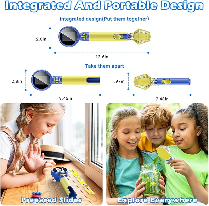 2 in 1 Kids Microscope with Bug Catcher,HD 500X Digital Microscope for Kids with 2" Screen,Photo and Video,STEM Educational Science Kit Learning Toys for Age 3-12 Girls & Boys Birthday Gifts (Blue)