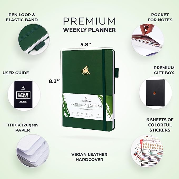 Clever Fox Planner Premium Edition – Undated Luxurious Weekly & Monthly Planner to Increase Productivity and Hit Your Goals – Organizer – Start Anytime, A5, Lasts 1 Year, Forest Green (Weekly)