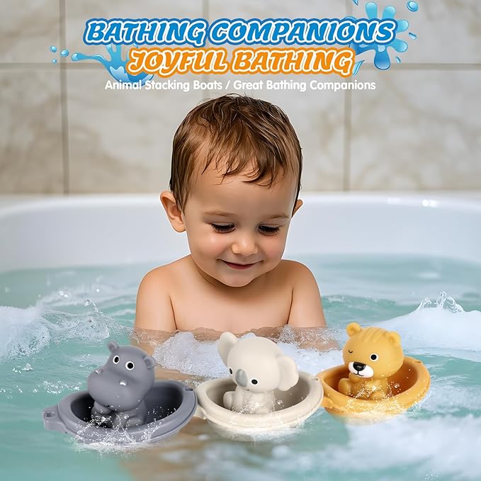Bath Pool Toys for Toddler, Stacking Toys with 3 Boat 3 Sensory Finger Puppets, Toddler Toys Gifts for 2-4 Year Old Boy Girl, Model B