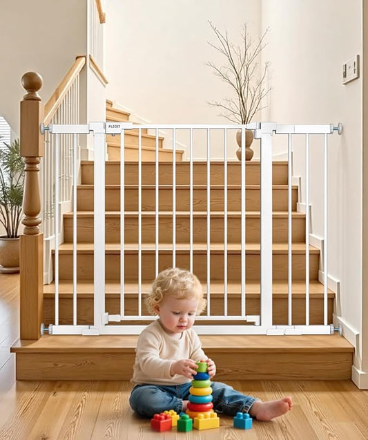 Baby Gate for Stairs, 30'' Tall 29.5-46" Extra Wide Dog Gate for Stairs Walk Thru Auto Close Metal Pet Gate for The House, Stairs and Doorways Child Gate Pressure Mounted Safety Gate Indoor - White