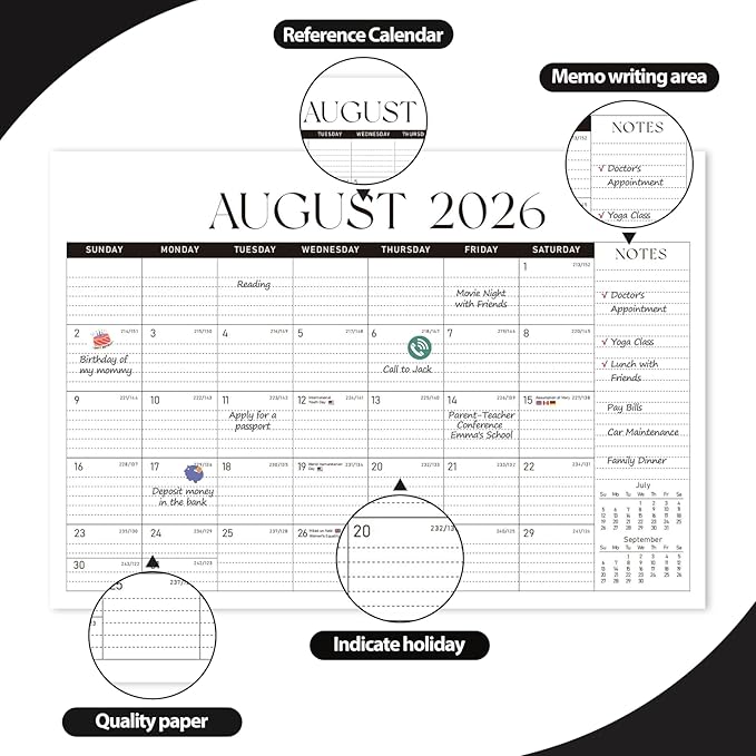 Desk Calendar 2025-2026, Monthly Desktop Large Calendar Runs Until December 2026 17" x 12" Desk Wall Planner for Family Office Teacher School, Black-White