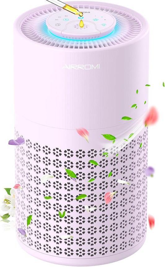 AIRROMI Air Purifier for Bedroom with HEPA 3-in-1 Filter, Pet Air Purifier for Home Cat Pee Smell, Covers Upto 990 Ft², Quiet 360°intake Air Cleaner for Pet Hair,Allergies,Pollen,Smoke A2001 Purple