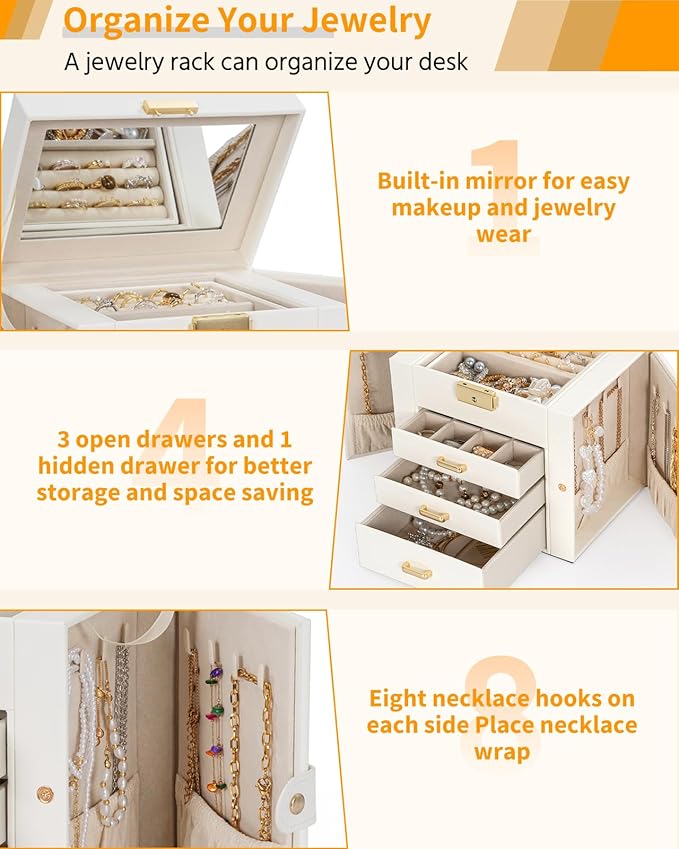 AKOZLIN 4-Tier Jewelry Box Leather Jewelry Storage Organizer with 3 Drawers Lockable for Women Girls Ring Necklace Earring Bracelet Holder with Mirror White