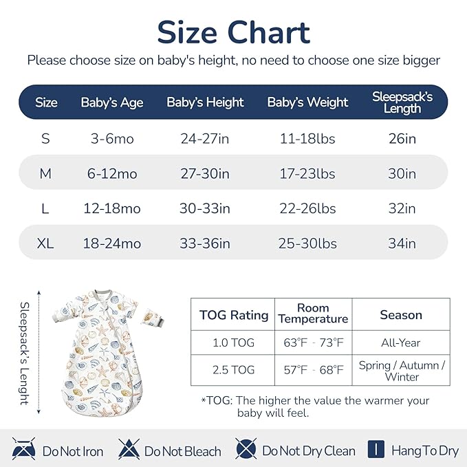 Baby Sleep Sack 12-18 Months, Cotton Detachable Long Sleeve Sleep Sack, 2.5 Tog Toddler Sleeping Sack with Temperature Strips, 2-Way Zipper Wearable Blankets for Newborns, Ocean