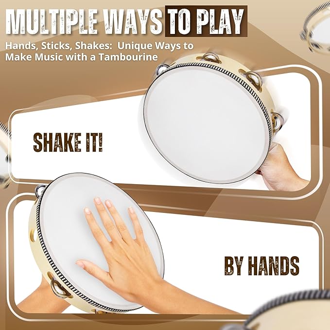 Flexzion Wood Handheld Tambourine 8" Inch Single Row 5 Pair Jingles (2 Pack, Wood) - Hand Held Percussion Drum Moon Musical Tambourine with Ergonomic Handle Grip