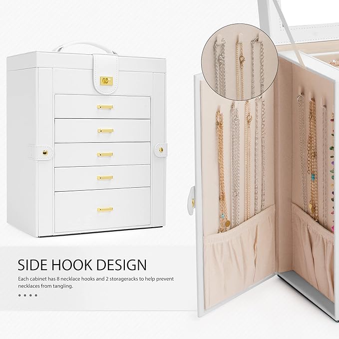 AKOZLIN Functional 6-Tier Jewelry Box Organizer with 5 Drawers Leather Jewelry Storage Case for Women Girls Ring Necklace Earring Bracelet Holder Organizer with Mirror White
