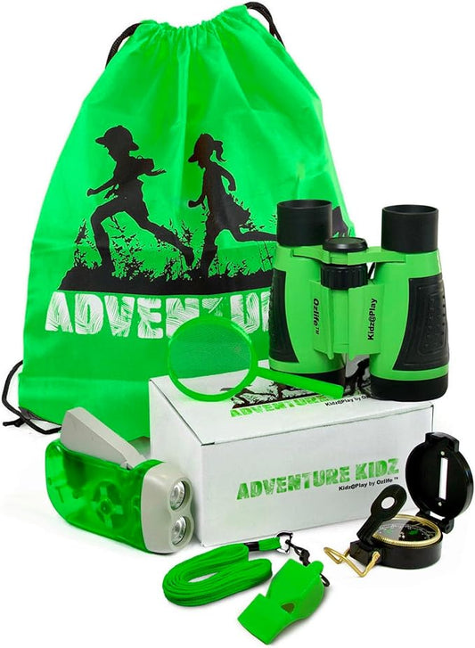 Adventure Kidz Outdoor Exploration Kit, Children’s Binoculars with Case, Flashlight, Compass, Whistle, Magnifying Glass, Backpack. Great Kids Gift Set for Camping, Hiking, STEM and Pretend Play