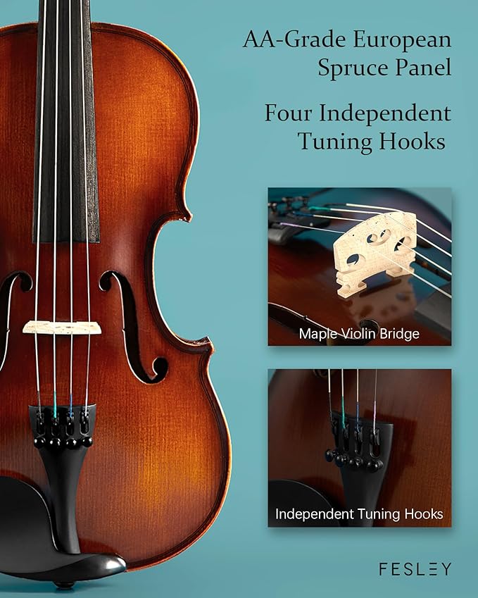 Fesley Violin Fiddle Full Set: 4/4 Matt Violin Kit for Beginners, Acoustic Violin with Hard Case, Solidwood Hand Made Starter Kit with Bow, Rosin, Shoulder Rest, Tuner, Extra Strings