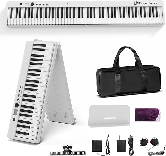 Finger Dance Folding Piano Keyboard 88 Keys, Portable Electric Keyboard with Bluetooth MIDI, Full Size Digital Piano, Wood Grain, Semi-Weighted, Touch Sensitive, with Storage Bag for Beginner