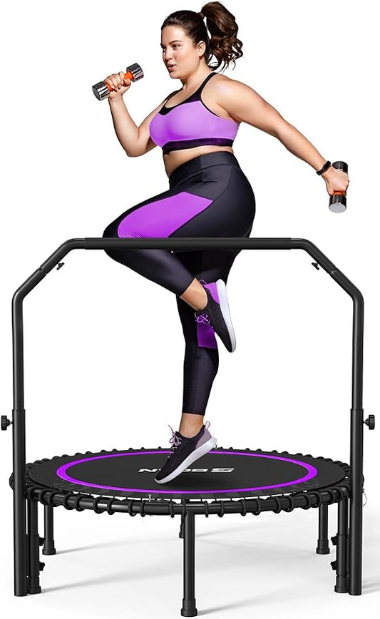 BCAN 40"/48" Mini Rebounder Trampoline for Adults with Bar, 450/550LBS Fitness Trampoline with Bungees, Adjustable Handle, Stable & Quiet, Indoor Outdoor, Whole-Body Workout & Relaxation at Home