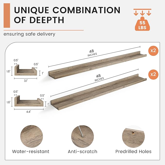 Floating Picture Ledge Shelves for Wall Set of 4, 48 Inch Wall Shelves with Lip Long Large Nursery Book Shelf for Toys Storage Kids Bookshelf Wall Mounted Living Room Bedroom Decor Frames