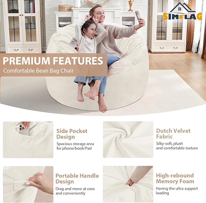 3FT Bean Bag Chair, Comfy Bean Bag Chairs with Memory Foam Filled, Fluffy Beanbag Sofa with Dutch Velvet Cover, Round BeanBag Chairs for Living Room, Playroom - Beige