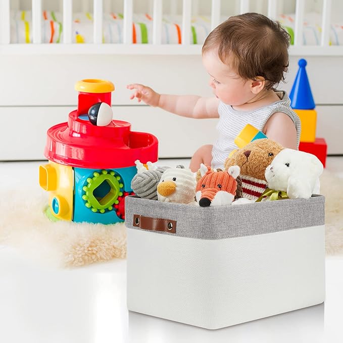 DULLEMELO Storage Baskets for Organizing, Shelves,Bedroom, Decorative Storage Bins with Leather Handles, Fabric Storage Basket for Office, Toys(3-Pack Medium-15 inch X 11 inch X 9.5 inch , Grey&White)