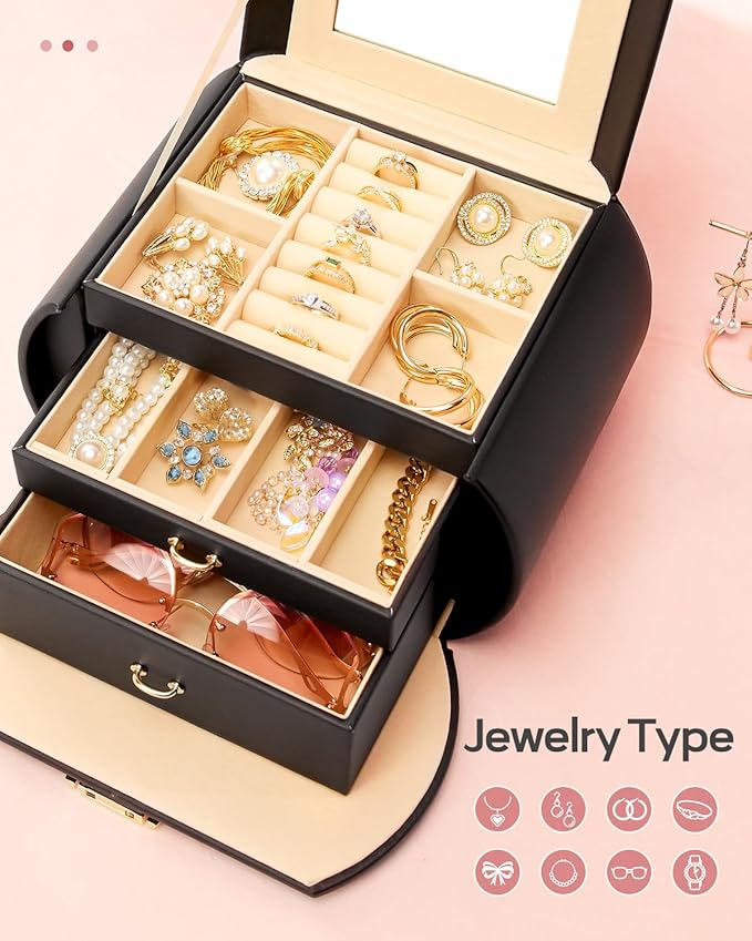 Homde Girls Jewelry Box Jewelry Storage Case Organizer with Mirror for Rings, Earrings, Bracelets, Necklaces (Black + Gold)