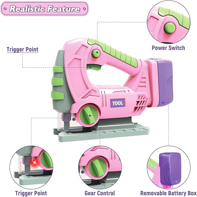 Kids Construction Tool Set for 3 4 5 6 7 Year Old Boys Girl,Pink Preschool Pretend Play Tool,Pretend Play Tools Set Toddler Toys,with Electric Drill Chainsaw、Electric Drill,Toy Tools Gifts for Kids