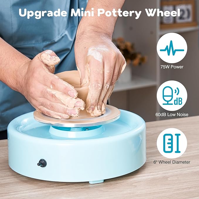Alldeer Mini Pottery Wheel Machine - 6" Upgraded Clay Wheel for Beginners & Kids, 75W Motor, Adjustable Speed, Low Noise Ceramic Making Kit with 18PCS Sculpting Tools, Ideal for Home DIY