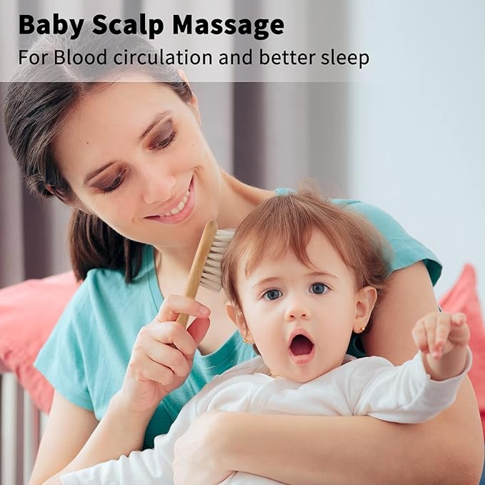 Goat Baby Hair Brush Set, Safe Natural Hair Care Kit with Wooden Soft Bristles Brush Comb Green Silicone Bath Brush for Newborns Toddlers (3pcs Set)