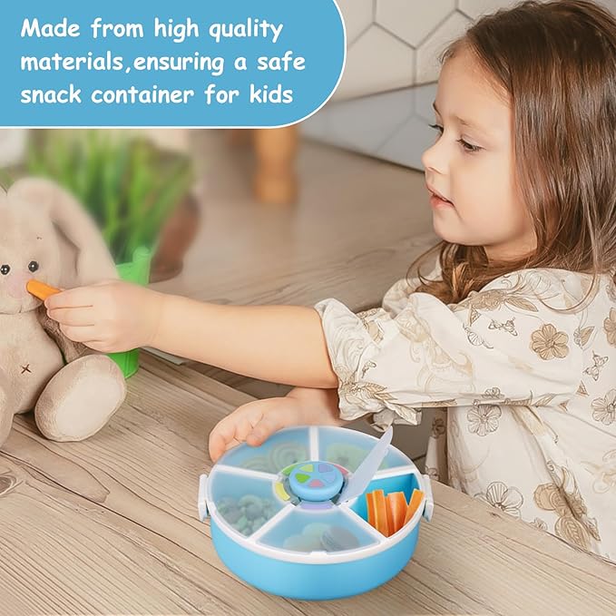 Kids Reusable Rotating Snack Container with 5 Separate Compartments, Color Matching Opening Lid, BPA/PVC-Free, Dishwasher Safe, Perfect for Travel, School Lunches & On-the-Go Snacking-Blue