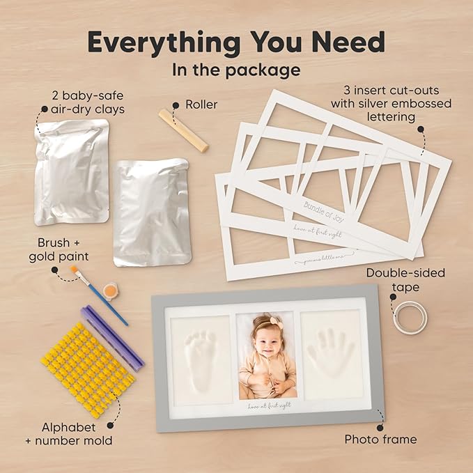 Baby Hand and Footprint Kit - Clay Handprint Keepsake Frame, Newborn Nursery Picture Frame, Personalized New Mom Gifts for Baby Shower & Registry (Cloud Gray)