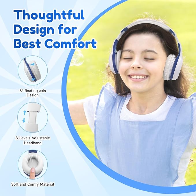 EarFun K2 Kids Bluetooth Headphones, Kids Headphones with Volume Limited, 40H Playtime, Built-in Mic, Stereo Sound, Foldable Over-Ear Headphone for School/Travel/iPad/Tablet, White