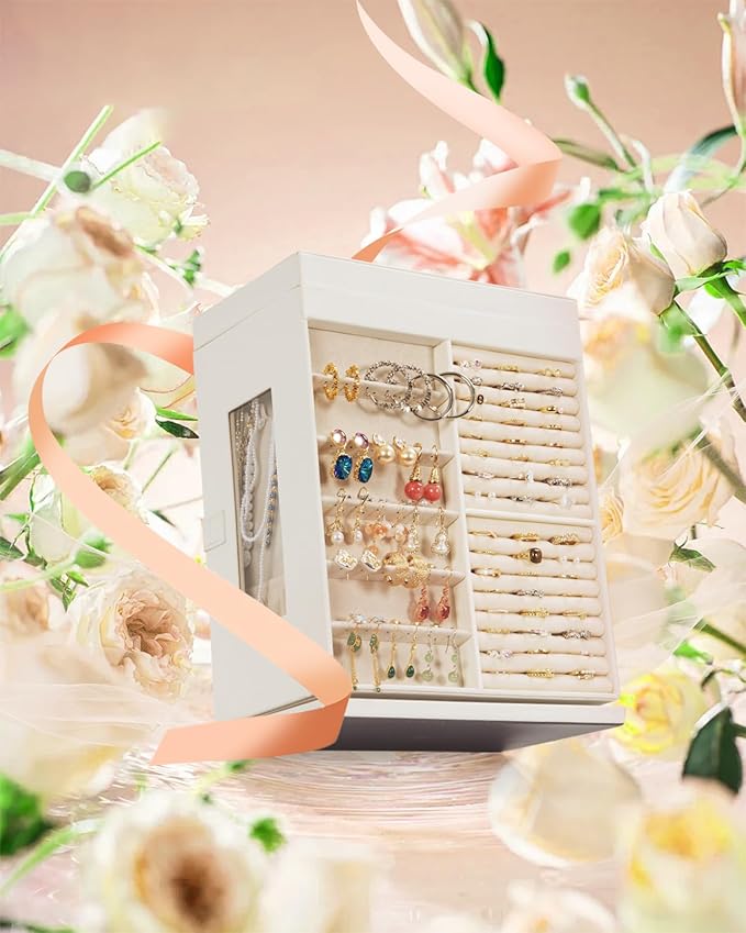 AKOZLIN Jewelry Box 6-Tier Organizer Functional 360° Rotating Jewelry Storage Case for Women Girls Ring Necklace Earring Bracelet Holder with Mirror