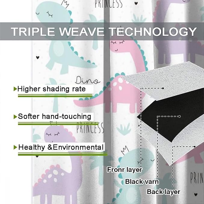 Kids Dinosaur Curtains for Boys Girls Bedroom Decor Cartoon Dino Colorful Cute Funny Animal Wildlife Printed Blackout Rod Pocket Window Drapes for Baby Nursery Playroom W27.5xL63in 2 Panels