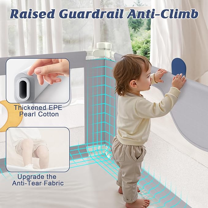 3-Piece Bed Rail for Toddlers with Headboard Rod, Adjustable Baby Bed Rail Guard (78.7 * 78.7 * 59 Inch-Queen Size)