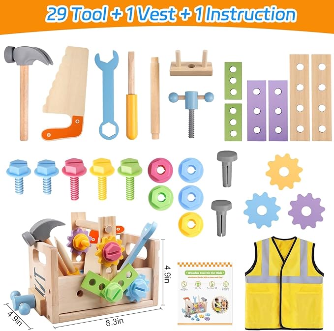 Aliex Wooden Kids Tool Set, 30pcs Toy Tools for Toddlers with Vest, Tool Kit Toddler Montessori Stem Learning Educational Toys for 3 4 5 Years Old Boys Girls, Birthday Gift for Kids