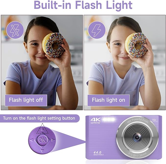 Digital Camera for Teens, FHD 4K 44MP Digital Camera Purple with 64GB SD Card 16X Digital Zoom, Cameras for Photography Compact Point and Shoot Camera for Teen Boys Girls Kids Camera Digital Purple