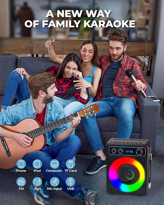 Karaoke Machine, Portable Bluetooth Karaoke Speaker with 2 Wireless Microphones, PA System for Adults Kids with LED Lights, Supports FM/AUX/USB/TF for Home Party