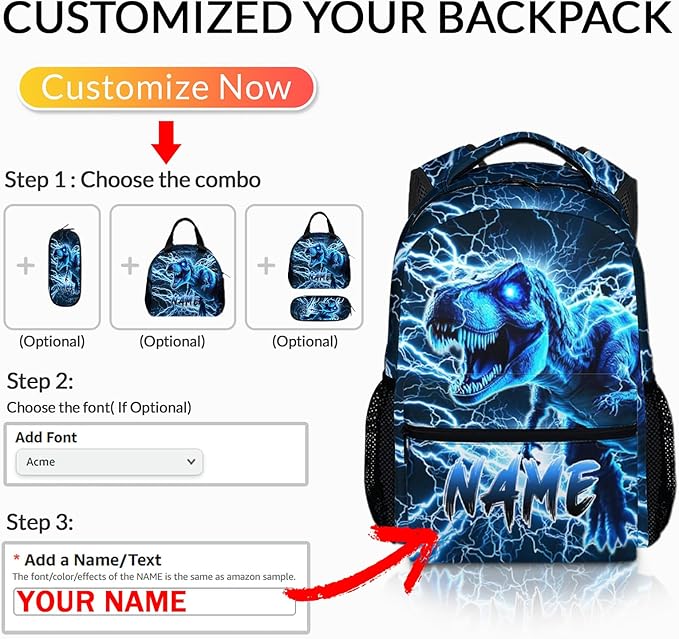 Dinosaur Backpack for Boys, Kids Custom Lightning Bookbag Gift with Name for Kindergarten Primary Senior Middle, 17 Inch Lightweight Cool Personalized Backpacks for School