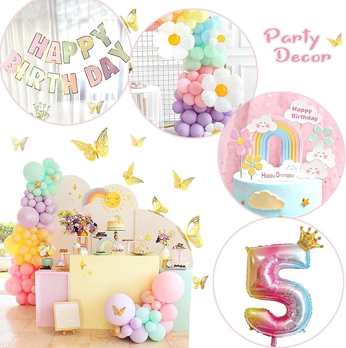 5th Birthday Decorations Girl, Slmeno Daisy Pastel Balloon Arch Kit 219Pcs, 5 Year Old Girl Pastel Rainbow Party Decorations, with Happy Birthday Banner, Cake Toppers, Gold Butterfly Decoration