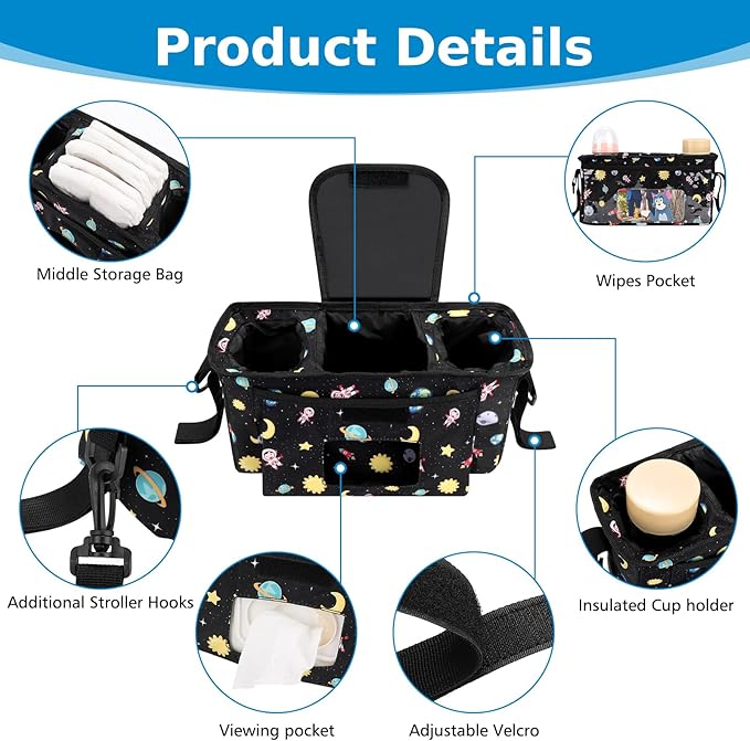 Accmor Universal Stroller Organizer with Insulated Cup Holder and Shoulder Strap, Stroller Bag Caddy Organizer Stroller Accessories for Uppababy, Baby Jogger, Nuna, Doona, Britax Strollers