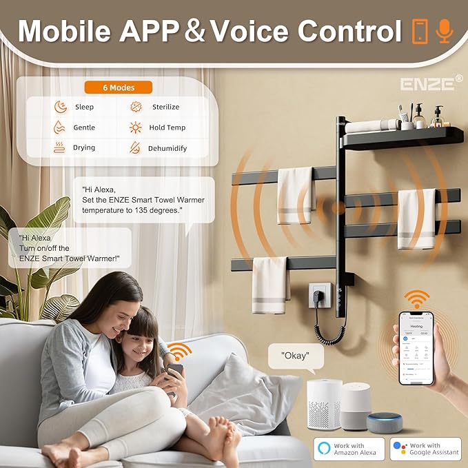 ENZE Smart Rotating Heated Towel Rack for Bathroom, Wall-Mounted Electric Towel Dryer with Swivel Bars & Shelf, Smart Timer, Low Carbon Steel, Plug-in/Hardwired, Towel Warmer with Wi-Fi App Control