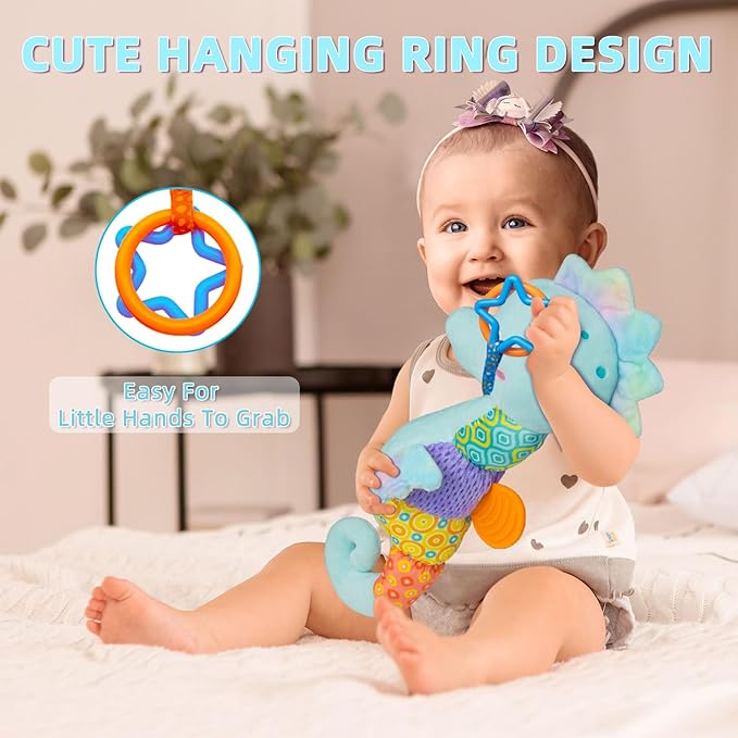 Baby Toys 0-6 Months,Infant Musical Seahorse Stuffed Animals Sensory Toys with Bright Colors,Multiple Textures,Rattles & Crinkle Sound Paper,Soft Tummy Time Toy for Newborn Boys Girls 0-12 Months-Blue
