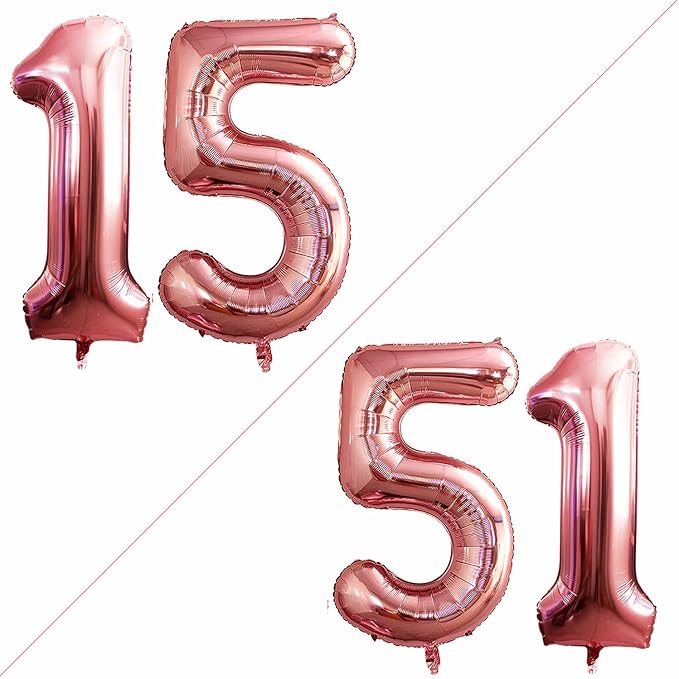 GOER Number 15 Balloons for 15th Birthday Sweet 15 Party Decorations,42 Inch Jumbo Foil Helium 51 Balloons for 51st Birthday Party Decoration (Rose Gold)