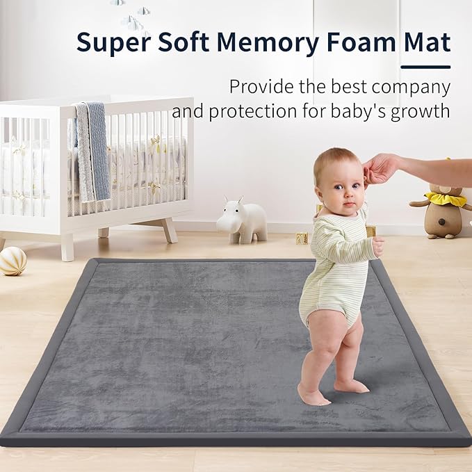 ACOMOPACK Baby Play Mat for Floor 1.3" Thick Memory Foam Play Mat 71"×79" Tummy Time Crawling with Non-Slip Bottom for Living Room,Nursery,Soft Velvet Playpen Mats for Kids,Infants（Dark Grey）