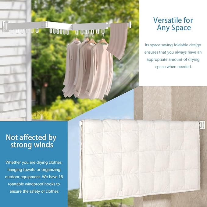 Clothes Drying Rack Wall Mounted,Space Saving Wall Drying Rack,Retractable Collapsible Tri-Fold,for Bathroom,Balcony,Outdoor lndoor with Laundry,White