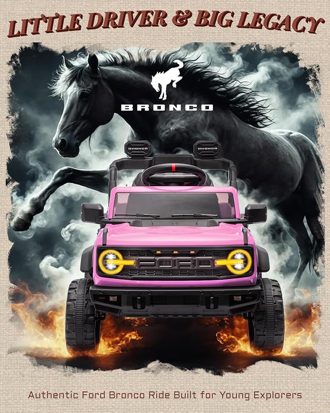 12V Electric Ride on Toys for Toddler, Ford Bronco Raptor Kids Ride on Car with Remote Control, 12 Volt Battery Powered Cars for Children with Smooth Start, Bluetooth (12V, Pink)