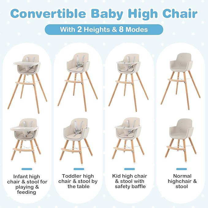 HONEY JOY High Chair, 3-in-1 Eat & Grow Wooden Highchair/Booster Seat/Toddler Chair with Removable Tray, 5-Point Harness, PU Cushion and Footrest for Baby, High Chair for Babies and Toddlers(Beige)
